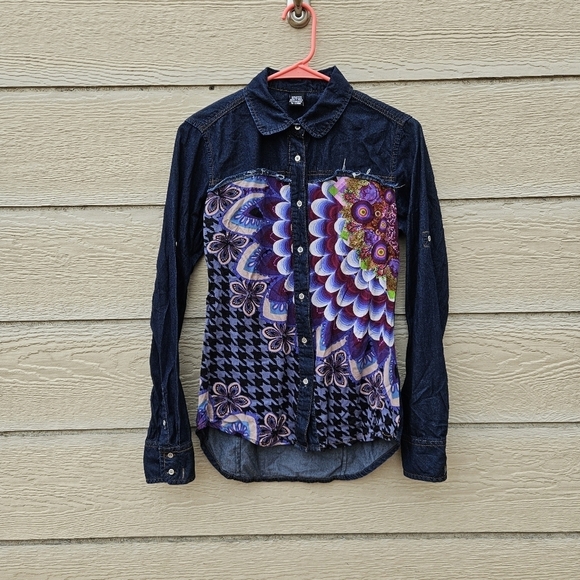 Desigual Tops - Desigual mixed media button front shirt dark chambray patterned size medium